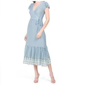 Blue Patterned Faux Wrap Dress